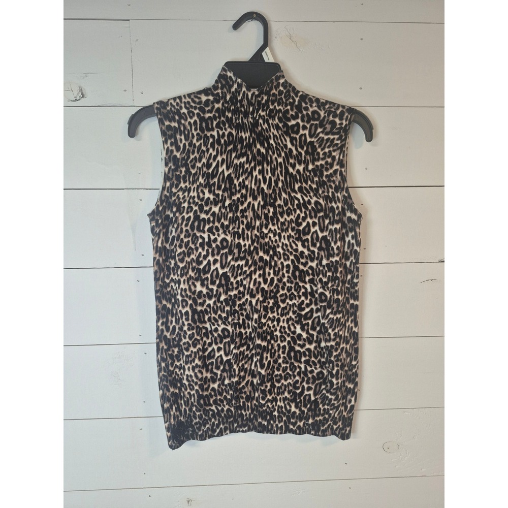 Cable & Gauge Womens Leopard Print Mock Neck Sleeveless Sweater Top Brown Large